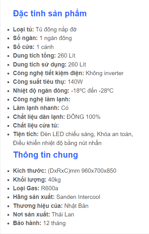 Tủ đông Sanden Intercool SNH-0265 260 lít