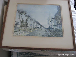 watercolour painting of tree-lined path, print of painting by Alfred Sisley