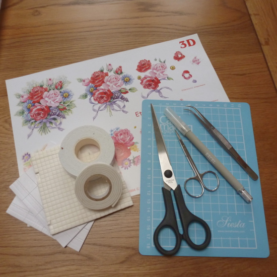 Printed 3D decoupage sheet, scissors, knife, cutting mat, 3D foam squares