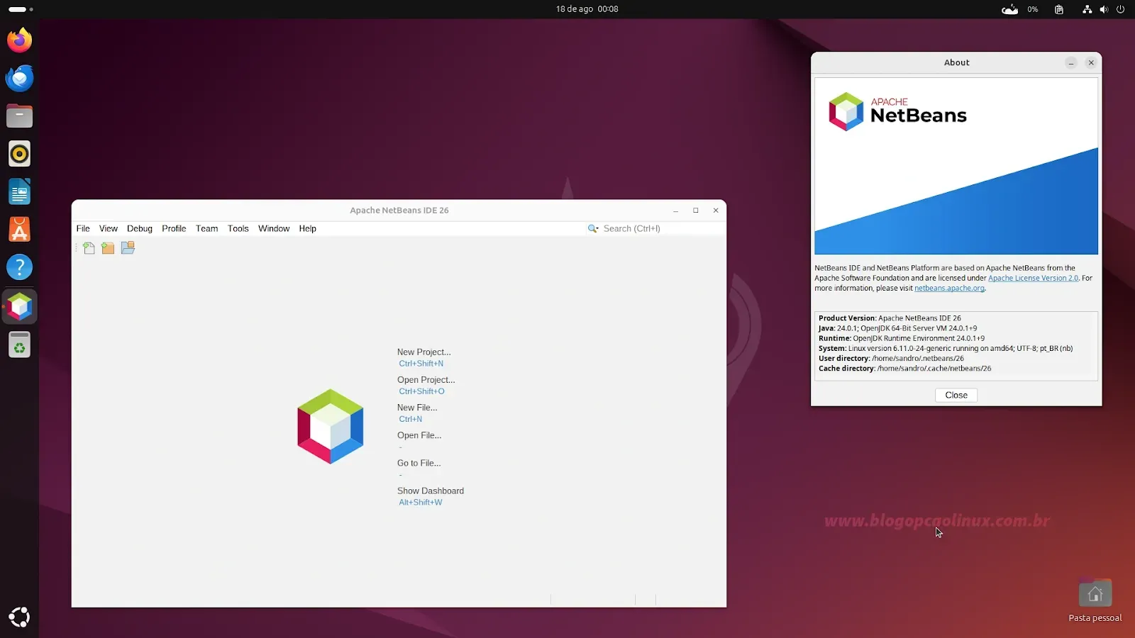 Apache NetBeans IDE executando no Ubuntu 24.04.3 LTS (Noble Numbat) com o desktop GNOME Shell Apache NetBeans IDE executando no Ubuntu 24.04.3 LTS (Noble Numbat) com o desktop GNOME Shell