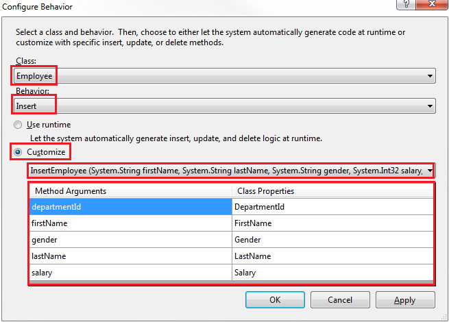 configure stored procedure in linq to sql