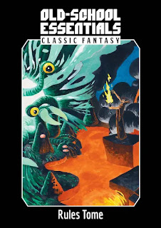 The cover of Old-School Essential Classic Fantasy Tome which shows a weird creature in blue with lots of eyes on the left, a river of lava through the middle and a wizard casting a spell to the right.