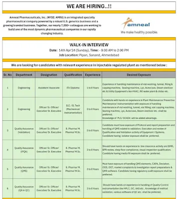 Amneal Pharmaceuticals Walk -in Interviews: ITI, Diploma, BE, B-Tech B-Pharma, M-Pharma, MSc Candidates Jobs Vacancies 2024