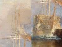 J. M. W. Turner's The Fighting Temeraire painting reveals the details of three masts with furled sails and golden vat dye.
