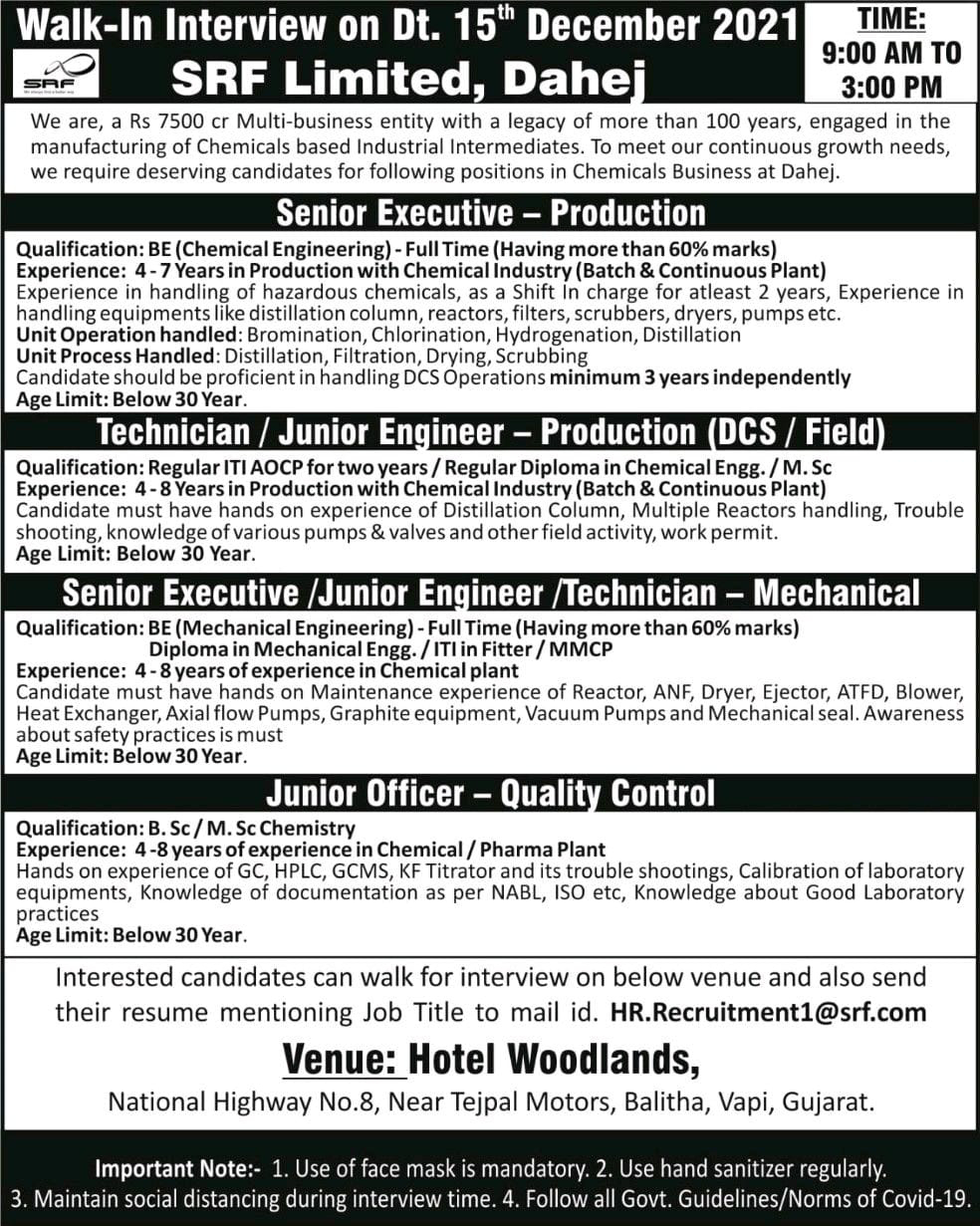 Job Availables,Srf Limited Walk-In-Interview For BE (Chemical Engineering)/ BE (Mechanical Engineering)/ BSc/ MSc Chemistry/ ITI AOCP