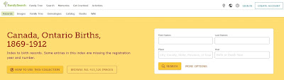 Screen capture from FamilySearch of the "Canada, Ontario Births, 1869-1912" database with images search page.