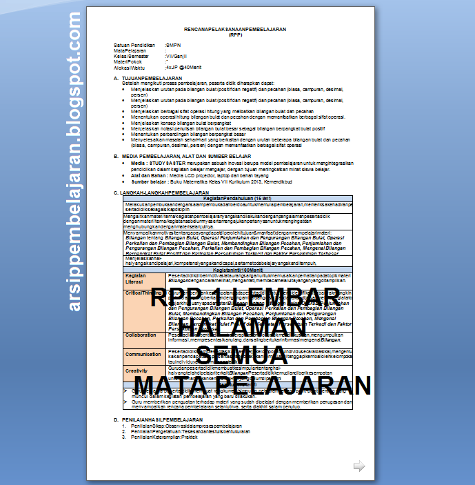 RPP Matematika Kelas VII 1 Lembar Semester 1 dan 2 Tahun ...
