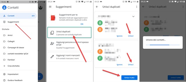 unione dei contatti duplicati nei telefonini android