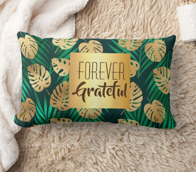 Forever Grateful Throw Pillow Green Gold Tropical Leaves Modern Design
