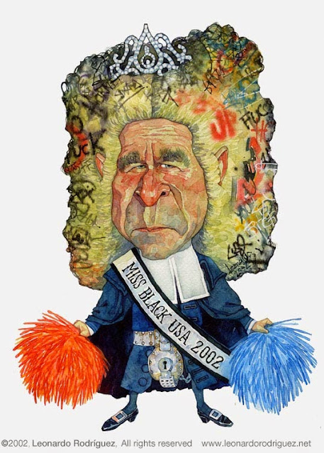 caricature of man ( George W Bush ) dressed as a 17th century quaker with a big white wig full of street graffiti and a beauty pageant crown on top.  He is holding cheerleader pom-poms and a sash that reads Miss Black America 2002.