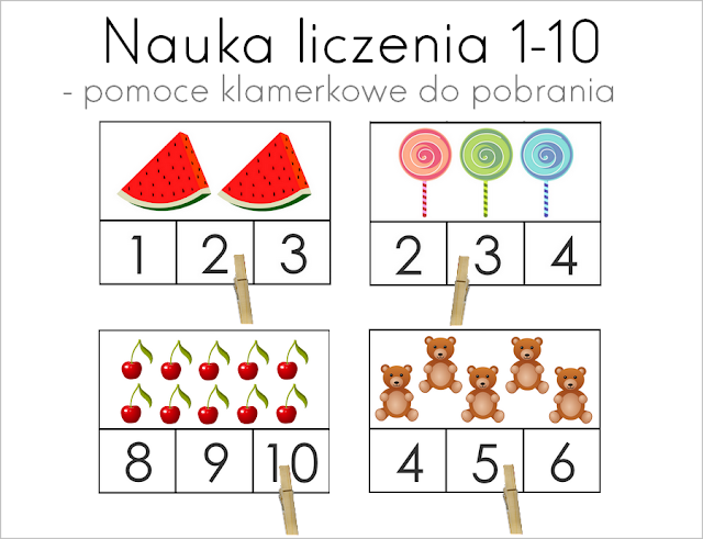 nauka liczenia od 1 do 10 - pomoce klamerkowe