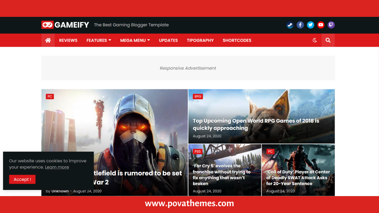 Gameify v1.3.0 Gaming Premium Blogger Template Free Download - Pova Themes