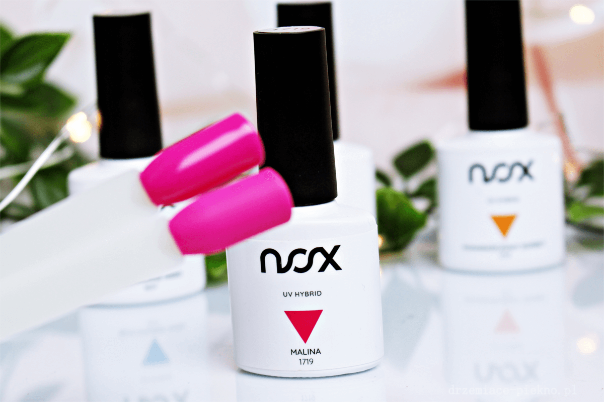 Lakiery Hybrydowe Nox Nails Morelowe lody 2949, Pomarańczowy sorbet 1717, Bezchmurne niebo 1697, Malina 1719 | Essential Top i Essential Base do hybryd Nox Nails