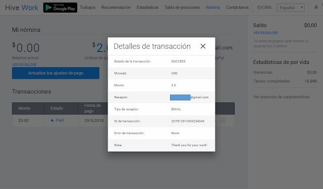 Mi primer pago en Hive Work.