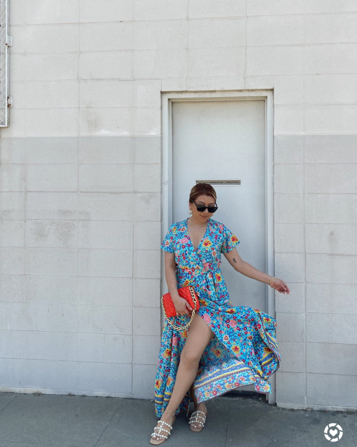 woman wearing an amazon dress with floral prints