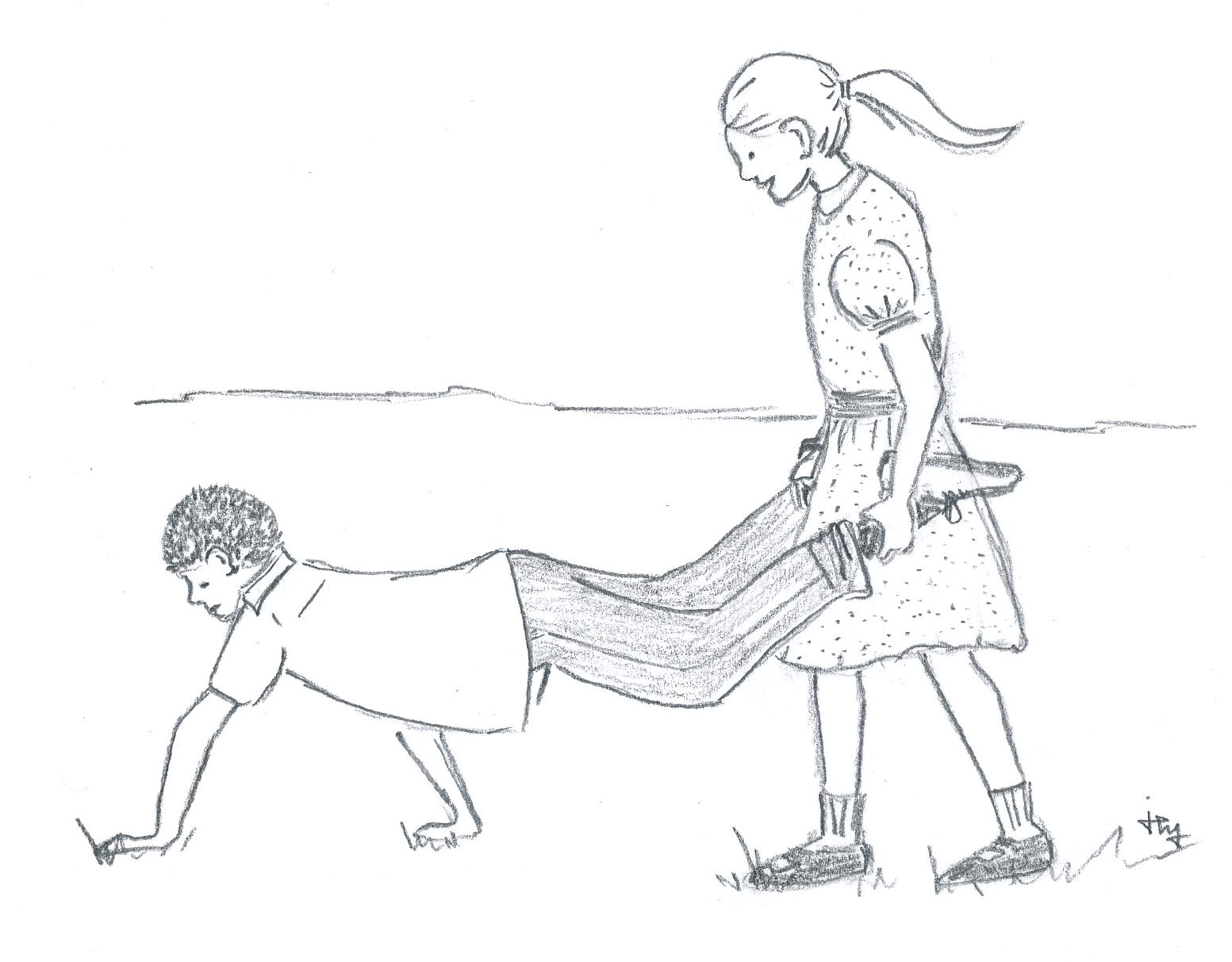 drawing of a boy and girl in a wheelbarrow race for the children's book The Hitchhiker