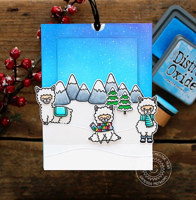 Sunny Studio Stamps: Alpaca Holiday  Woodland Borders Sliding Window Winter Themed Slider Card by Vanessa Menhorn