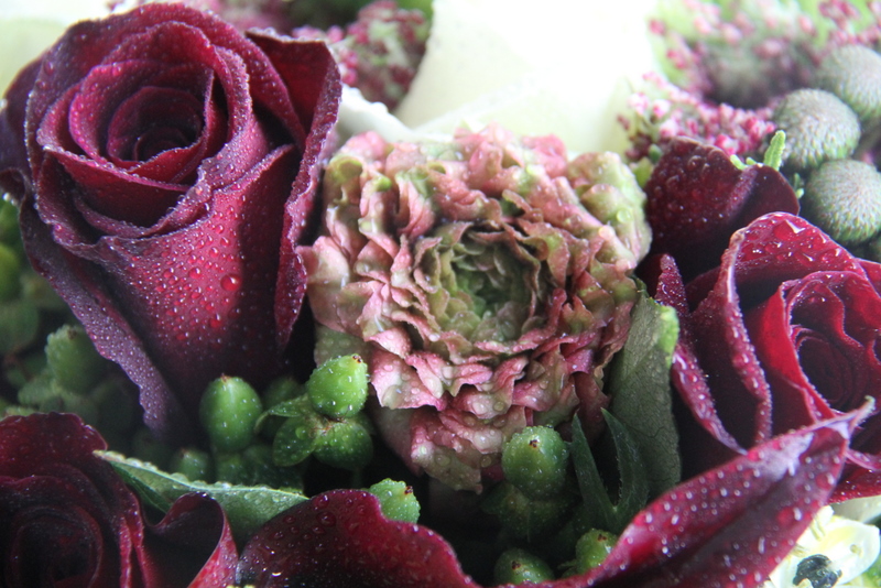 Fabulous Ranunculas and Black Baccara Rose Green Viburnum Opulus and 