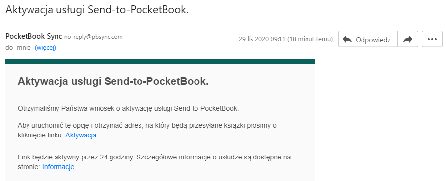 E-mail z linkiem aktywacyjnym do usługi Send-to-PocketBook