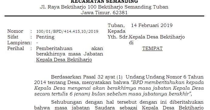 Contoh Surat Pemberitahuan Akhir Masa Jabatan Kepala Desa Kumpulan Surat Penting