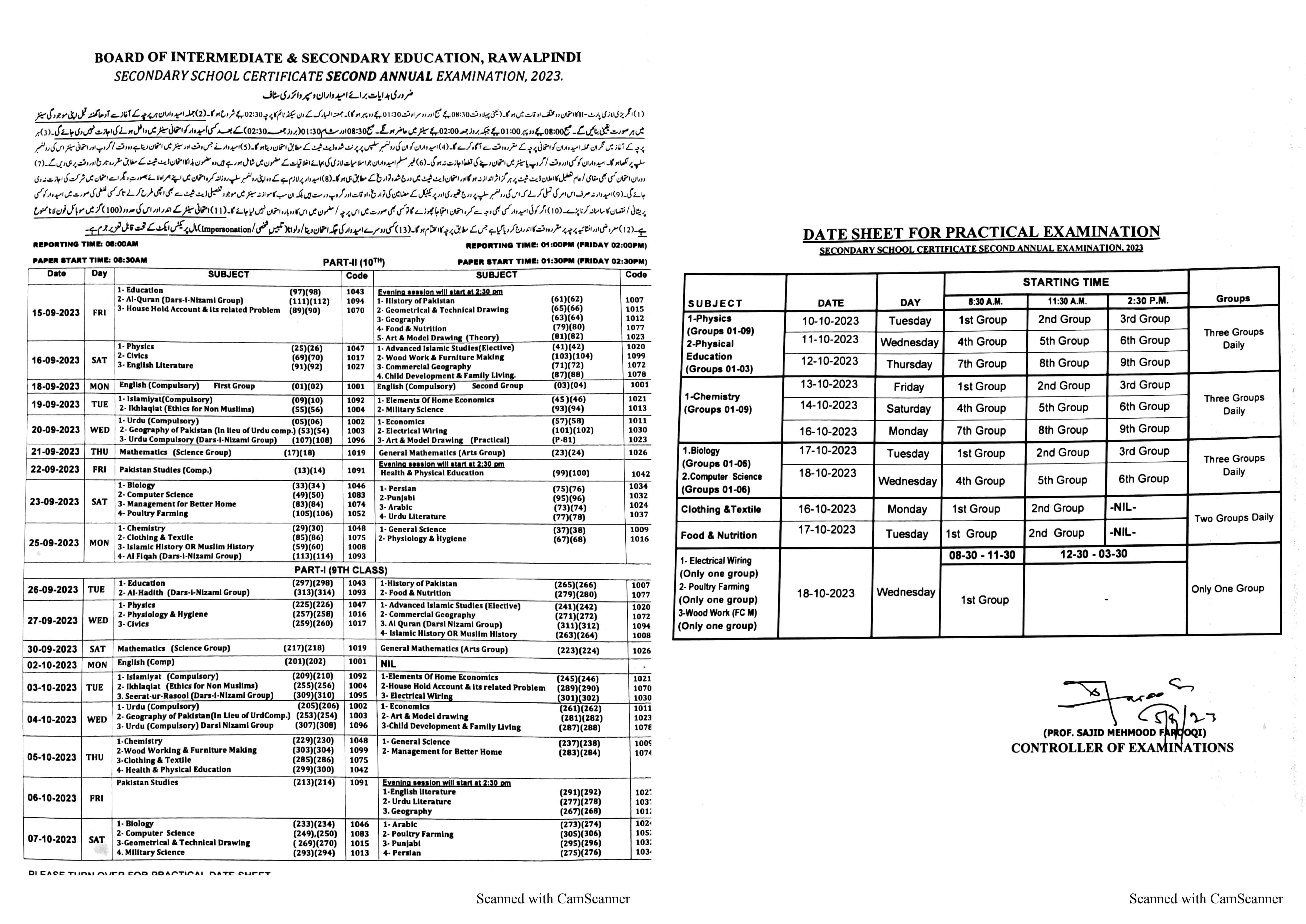 BISE Rawalpindi SSC Date Sheet 2023 2nd Annual