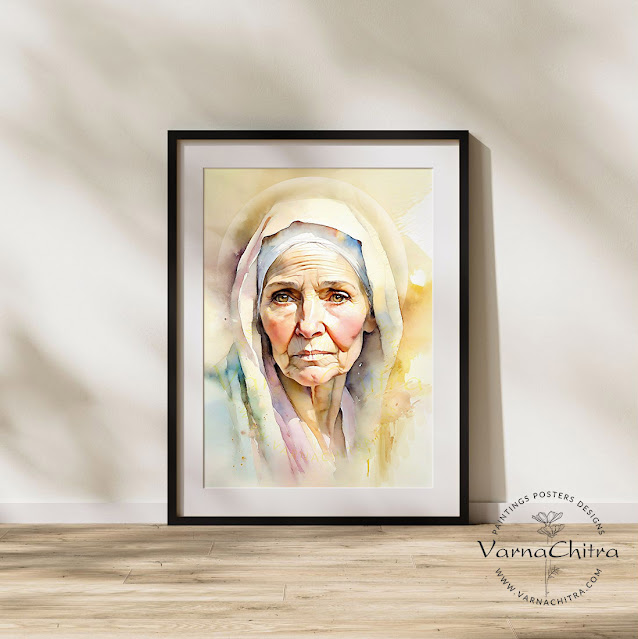 Saint Anne, Older Version, Mother of Holy Virgin Mary, Watercolor Painting By Biju Varnachitra