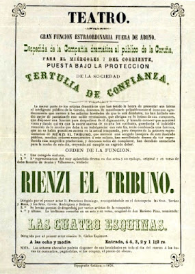 Cartel del estreno de Rienzi el tribuno en La Coruña. Archivo Rosario de Acuña, Biblioteca Historica Municipal de Madrid