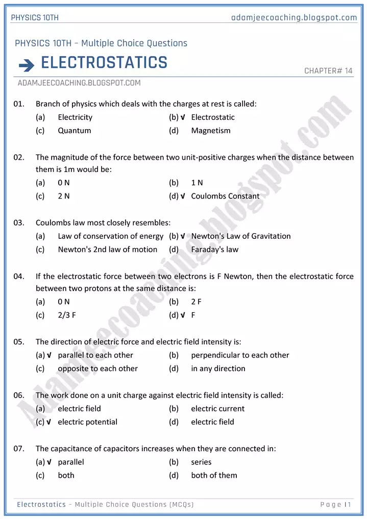 electrostatic-mcqs-physics-10th