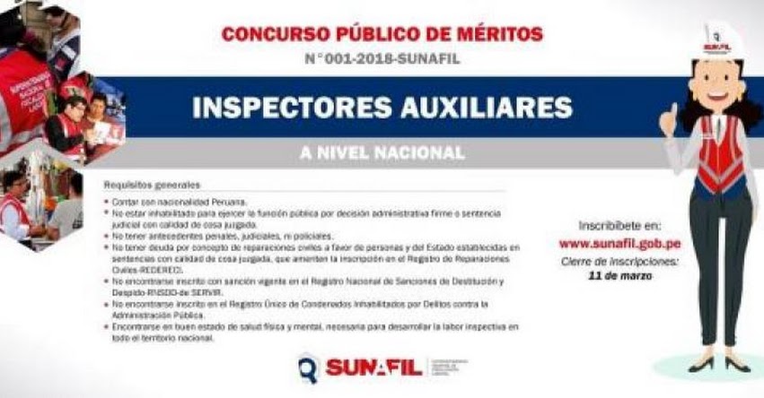 SUNAFIL: Hasta mañana inscripción a concurso público de inspectores auxiliares a la Superintendencia Nacional de Fiscalización Laboral - www.sunafil.gob.pe