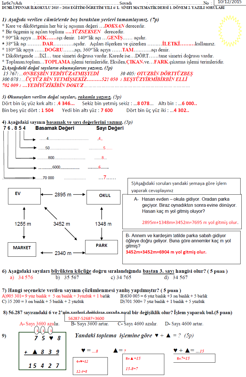 4 Sinif Matematik Sinavi 1 Donem 2 Yazili Sinavi Ornek Sorulari