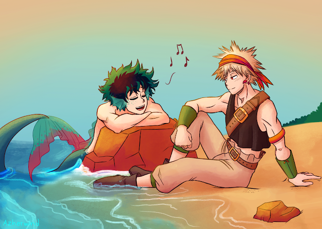 Ilustración de Until I Breathe This Life por Azherwind. Deku sirena canta para Bakugo pirata