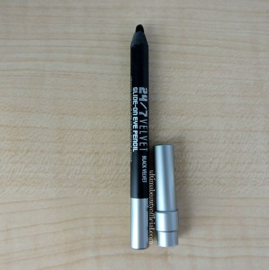 Opened Urban Decay 24/7 Velvet Glide-On Eye Pencil with cap next to it