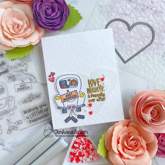 Wedding Card by Farhana Sarker | Destination Love Stamp Set, Tumbline Hearts Stencil,  and Heart Frames Die Set by Newton’s Nook Designs #newtonsnook