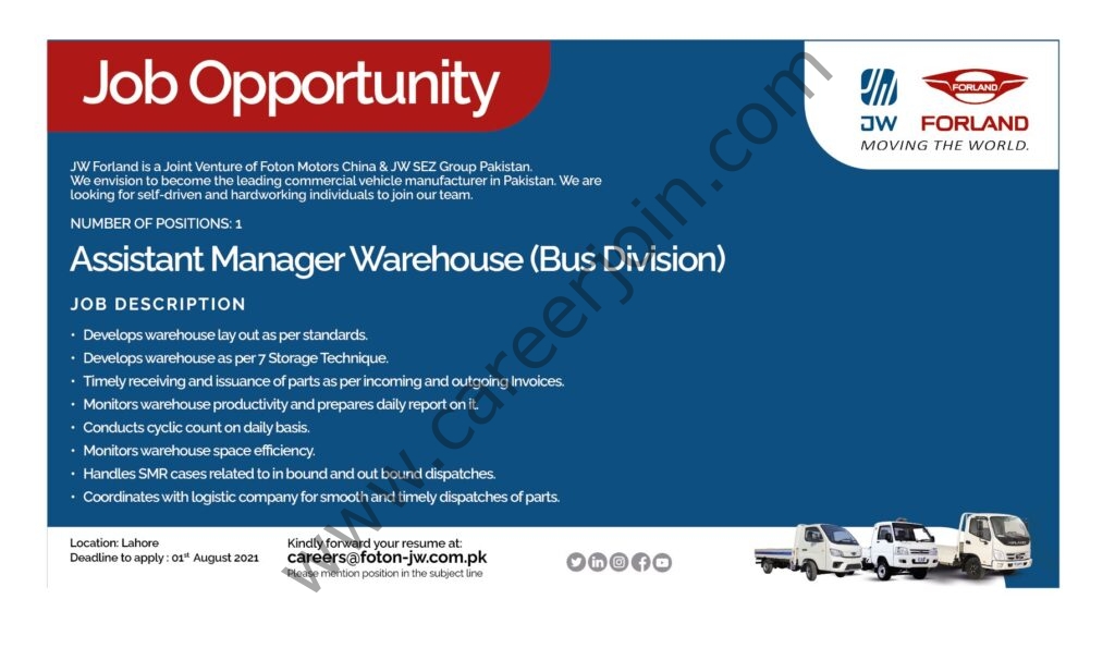 Foton JW Auto Park Pvt Ltd Jobs Assistant Manager Warehouse