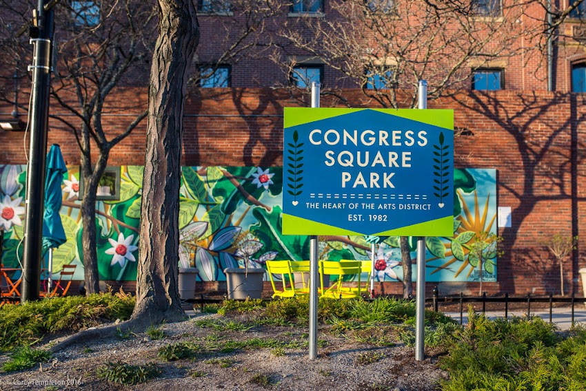Portland, Maine USA new sign at Congress Square Park. May 2016 photo by Corey Templeton.