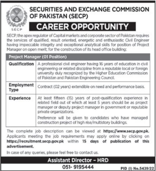 Latest Securities & Exchange Commission of Pakistan SECP Management Posts Islamabad 2023