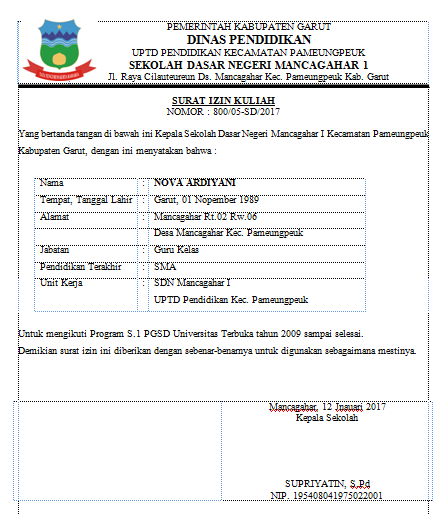 Contoh Surat Izin Kuliah - nova ardiyani