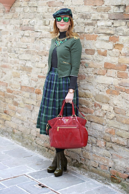 Green and blue tartans, Asos midi skirt, Prada red tote, tartan hat, Fashion and Cookies, fashion blogger