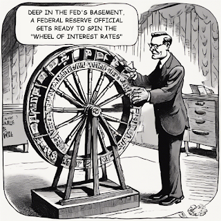 An editorial cartoon of a Federal Reserve official spinning a carnival wheel to set interest rates. Generated with Stable Diffusion DreamStudio Beta.