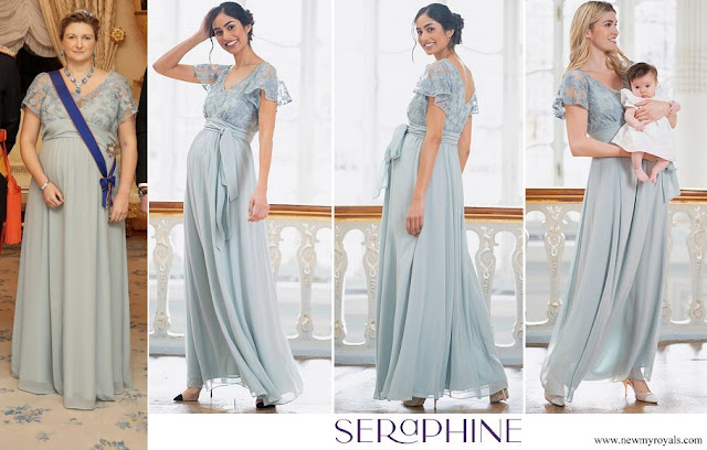 Crown Princess Stephanie wore Seraphine Sage Green Lace and Silk Chiffon Maxi Maternity and Nursing Occasion Dress