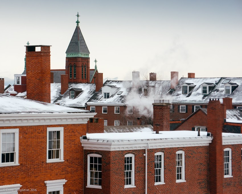 Portland, Maine USA January 2016 brick rooftop skyline of the West End from the Portland Museum of Art. Photo by Corey Templeton.