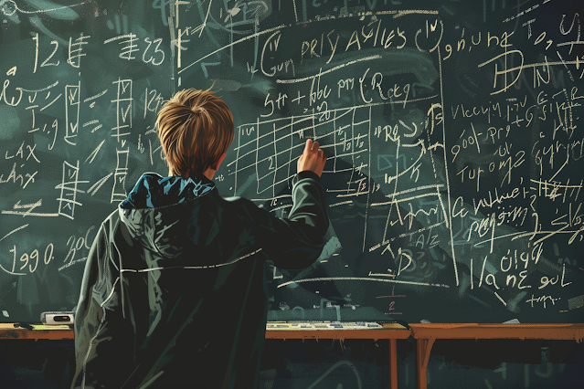 Student solving a math problem on a classroom chalk board