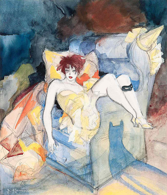 Jeanne Mammen art, a reclining woman with cigarette
