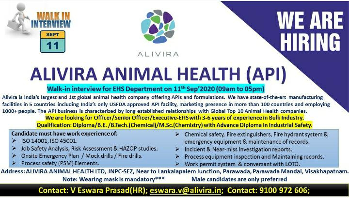 Job Availables, Alivira Animal Health Walk-In Interview for EHS Department on 11th Sep 2020