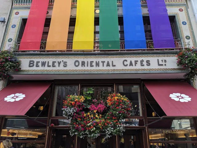 Bewley's Cafe facade in Dublin in April