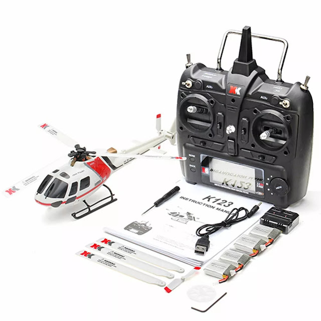 XK K123 6CH Brushless 3D6G System AS350 Scale RC Helicopter Compatible with FUTAB-A S-FHSS 4PCS 3.7V 500MAH Lipo Battery 