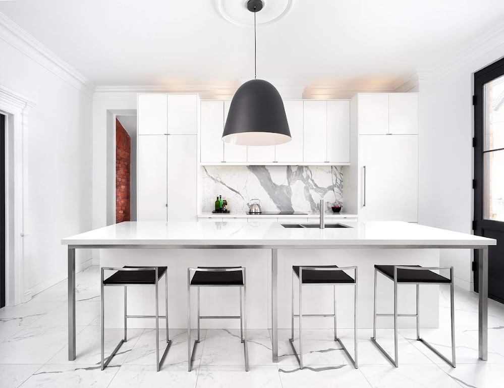 black-dome-lighting-marble-kitchen