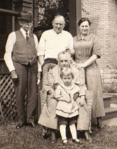 Samuel Barton at the home of George Geiszler. c. 1923 Samuel, George Geiszler, Evaline Peak Geiszler, Evaline Peak and Marguerite Geiszler