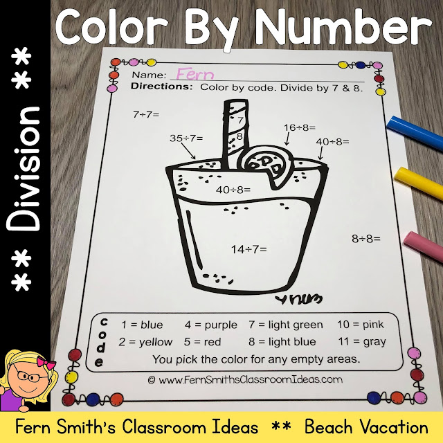 Click Here for the Color By Number Division Beach Vacation Fun Printable Worksheets Resource