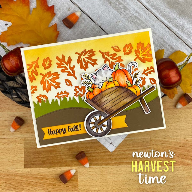 Happy Fall Cat in Wheelbarrow Card by Jennifer Jackson | Newton's Harvest Time Stamp Set, Fall Leaves Hot Foil Plates, Land Borders Die Set and Banner Duo Die Set by Newton's Nook Designs #newtonsnook #handmade